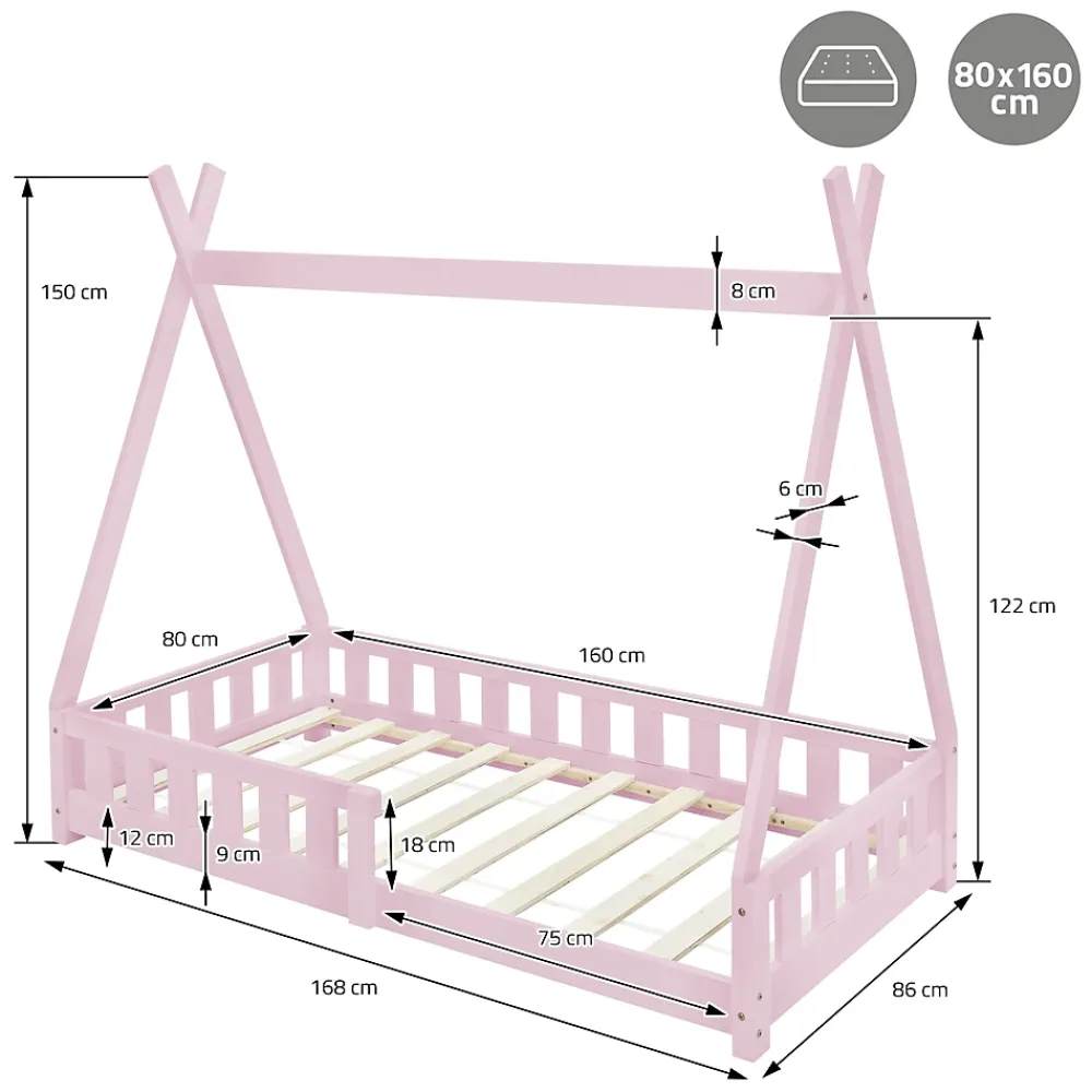 Ml-Design Lit d'enfant Tipi 80x160cm rose en bois de pin massif style indien avec sommier matelas*Enfant Lit Enfant