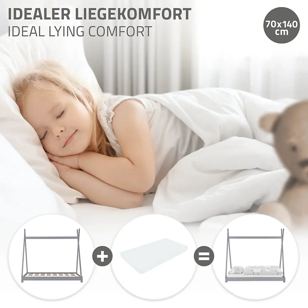 Ml-Design Lit d'enfant Tipi 70x140 cm gris clair simple en bois de pin sommier à lattes style indien*Enfant Lit Enfant