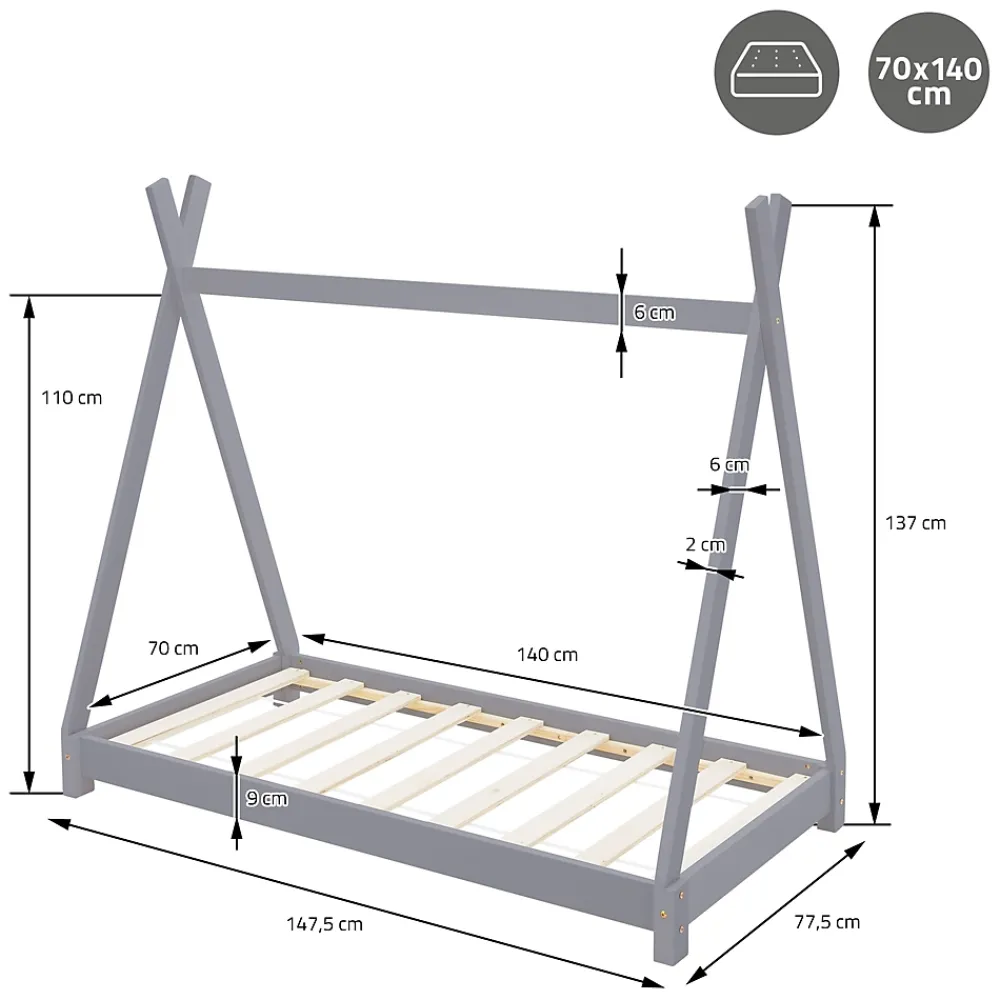 Ml-Design Lit d'enfant Tipi 70x140 cm gris clair simple en bois de pin sommier à lattes style indien*Enfant Lit Enfant