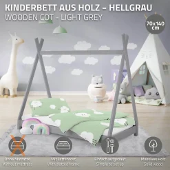 Ml-Design Lit d'enfant Tipi 70x140 cm gris clair simple en bois de pin sommier à lattes style indien*Enfant Lit Enfant
