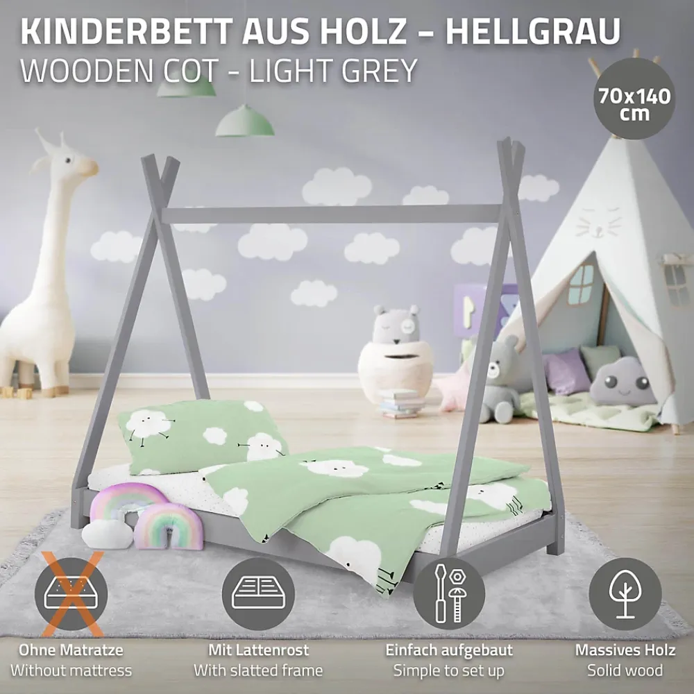 Ml-Design Lit d'enfant Tipi 70x140 cm gris clair simple en bois de pin sommier à lattes style indien*Enfant Lit Enfant