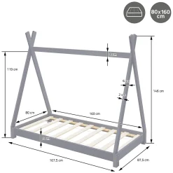 Ml-Design Lit d'enfant Tipi 80x160 cm gris clair simple bois de pin avec sommier lattes style indien*Enfant Lit Enfant