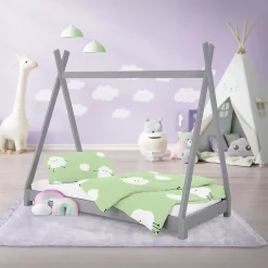 Ml-Design Lit d'enfant Tipi 80x160 cm gris clair simple bois de pin avec sommier lattes style indien*Enfant Lit Enfant