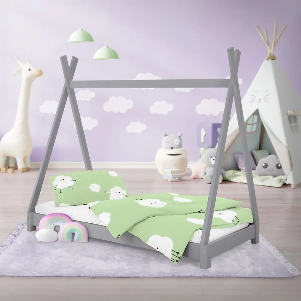 Ml-Design Lit d'enfant Tipi 80x160 cm gris clair simple bois de pin avec sommier lattes style indien*Enfant Lit Enfant