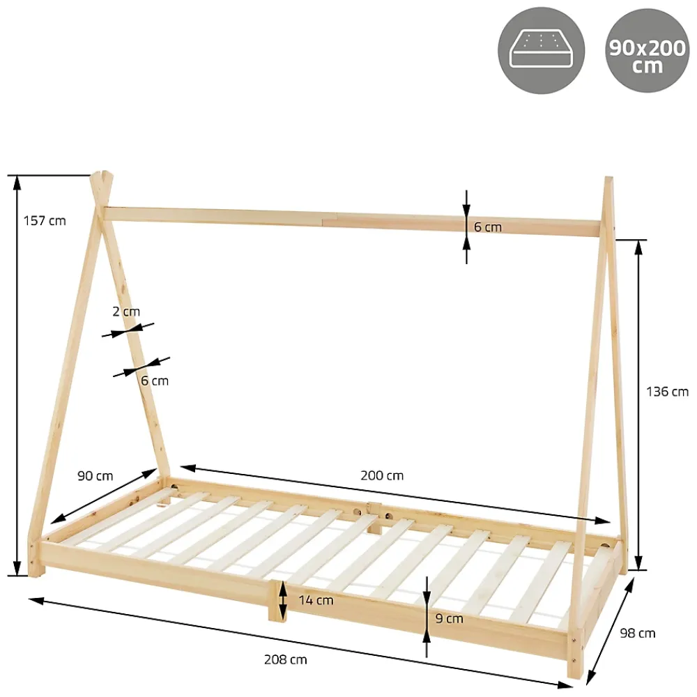 Ml-Design Lit d'enfant Tipi 90x200 cm naturel simple bois de pin avec sommier à lattes style indien*Enfant Lit Enfant