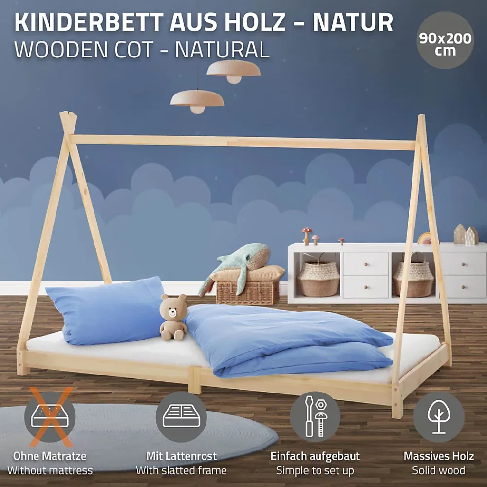 Ml-Design Lit d'enfant Tipi 90x200 cm naturel simple bois de pin avec sommier à lattes style indien*Enfant Lit Enfant