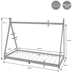 Lit d'enfant Tipi 90x200 cm gris clair simple en bois de pin sommier à lattes style indien><noscript><img width=