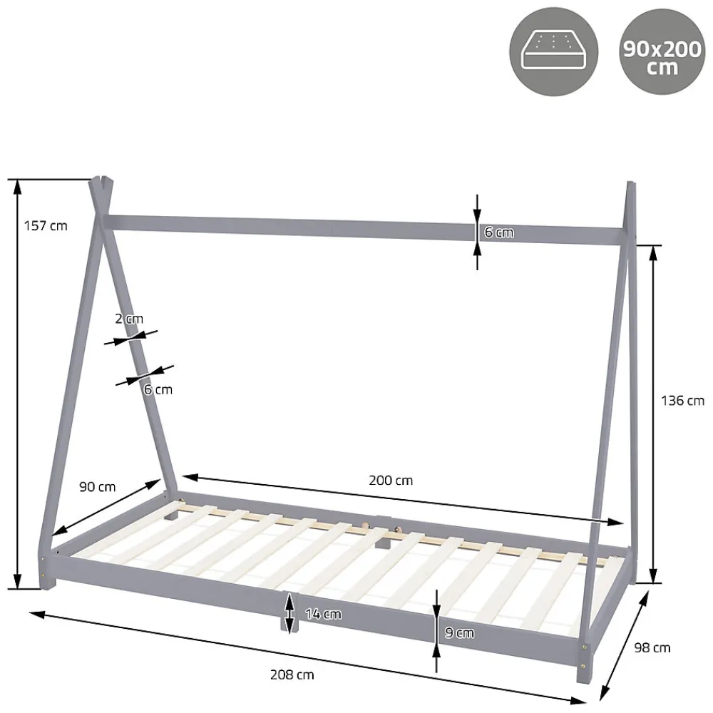 Lit d'enfant Tipi 90x200 cm gris clair simple en bois de pin sommier à lattes style indien>Ml-Design Sale
