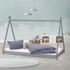 Lit d'enfant Tipi 90x200 cm gris clair simple en bois de pin sommier à lattes style indien><noscript><img width=