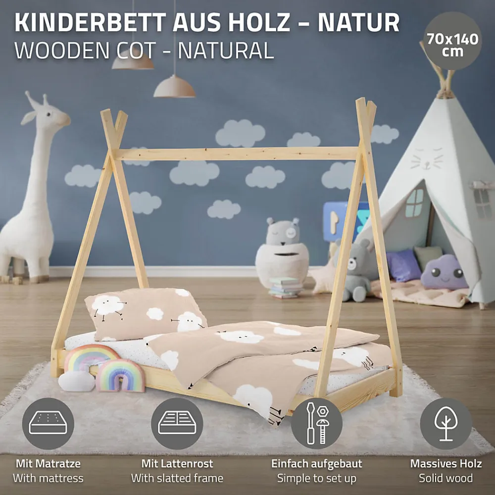 Lit d'enfant Tipi 70x140cm naturel en bois de pin massif avec sommier matelas style indien>Ml-Design Online