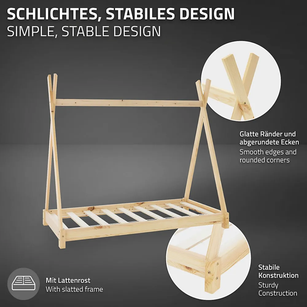 Lit d'enfant Tipi 70x140cm naturel en bois de pin massif avec sommier matelas style indien>Ml-Design Online