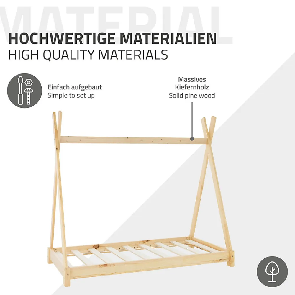 Lit d'enfant Tipi 70x140cm naturel en bois de pin massif avec sommier matelas style indien>Ml-Design Online
