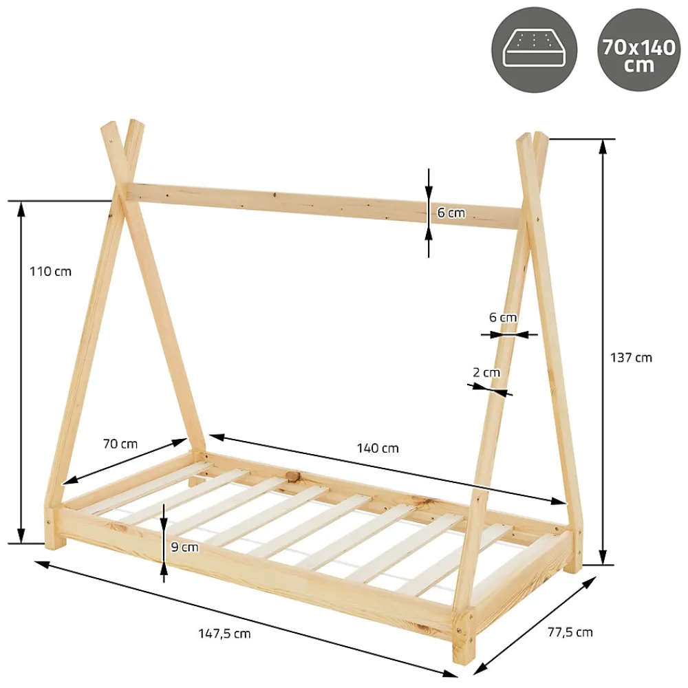 Lit d'enfant Tipi 70x140cm naturel en bois de pin massif avec sommier matelas style indien>Ml-Design Online