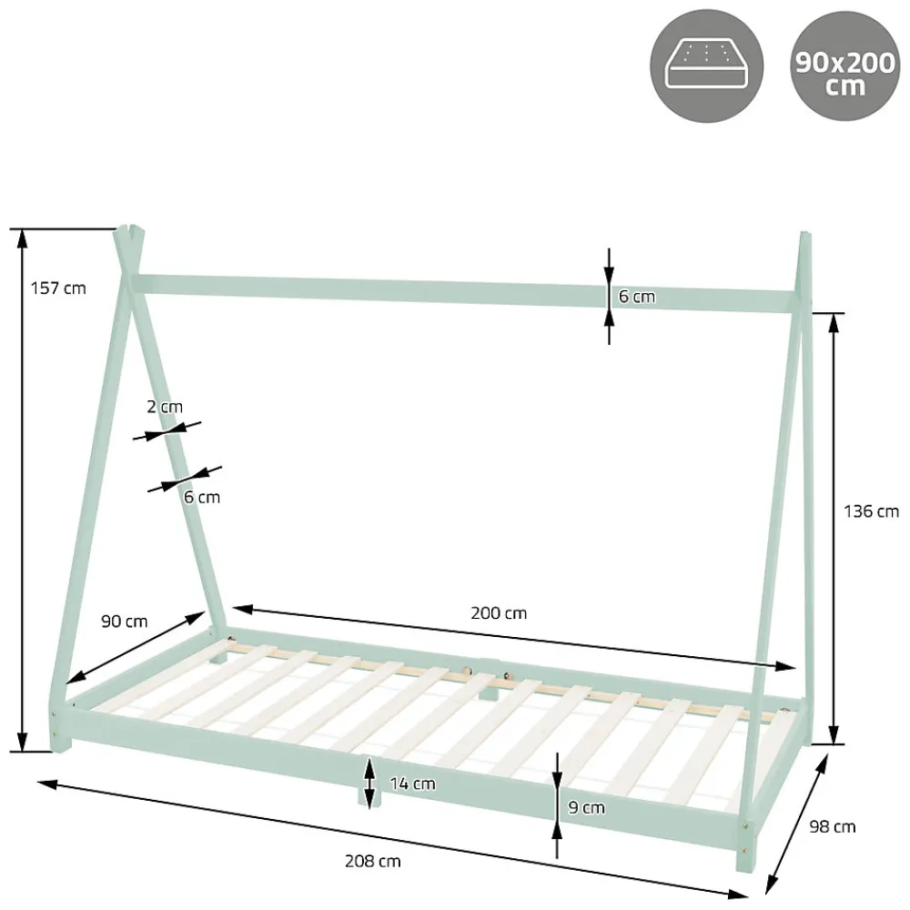 Lit d'enfant Tipi 90x200cm menthe simple en bois de pin avec sommier à lattes style indien>Ml-Design Clearance