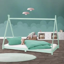 Lit d'enfant Tipi 90x200cm menthe simple en bois de pin avec sommier à lattes style indien><noscript><img width=