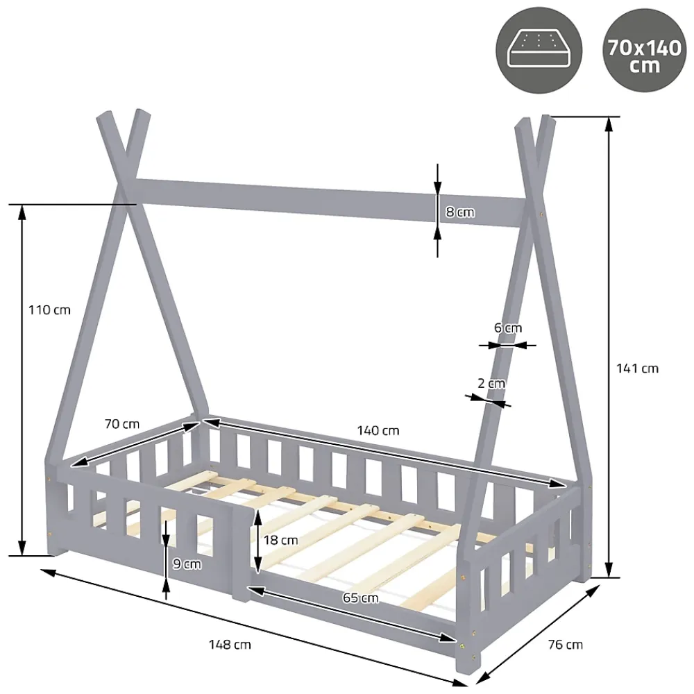 Ml-Design Lit d'enfant Tipi 70x140 cm gris clair en bois de pin avec sommier matelas style indien*Enfant Lit Enfant