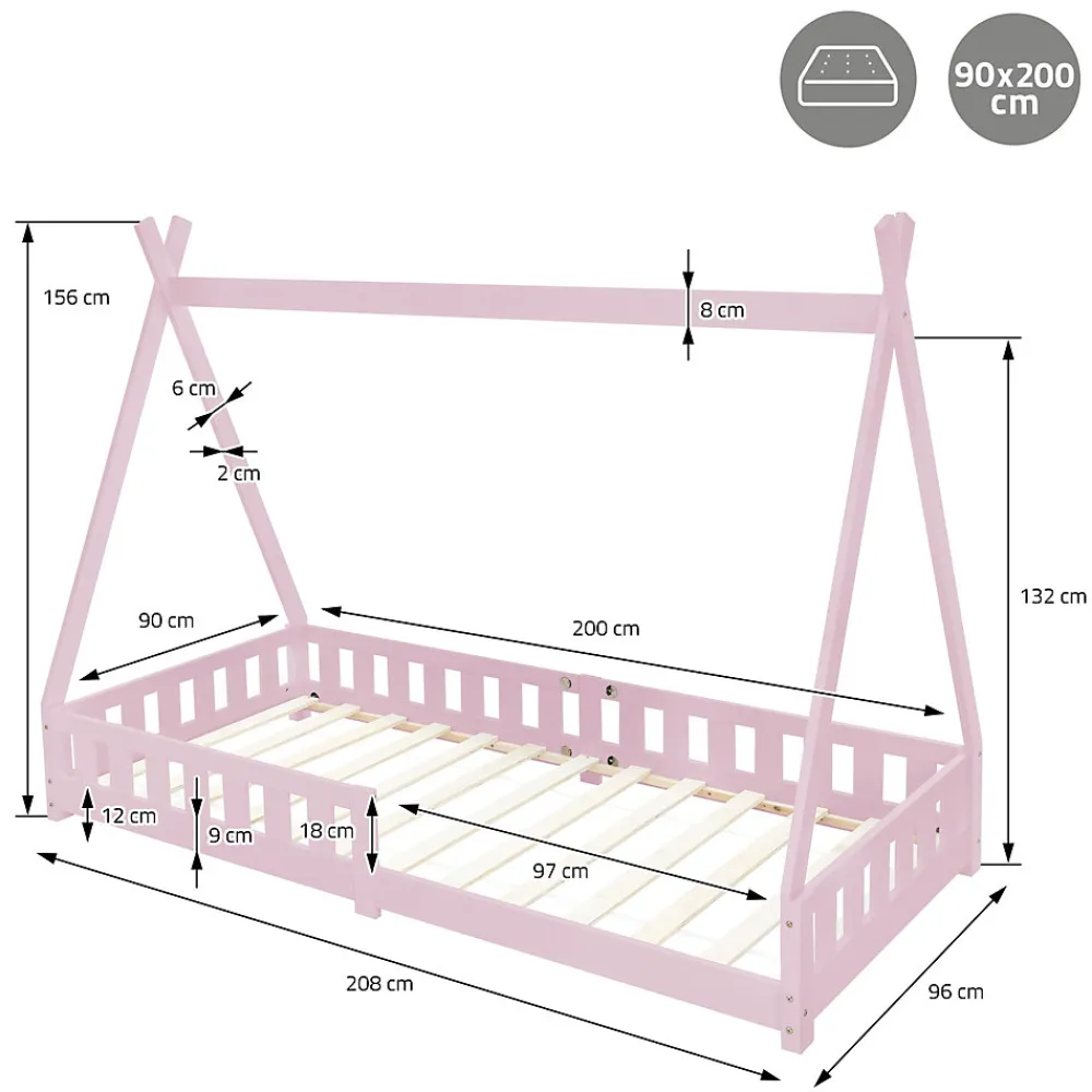 Lit d'enfant Tipi 90x200 cm rose en bois de pin massif avec matelas H:16 cm style indien>Ml-Design Clearance