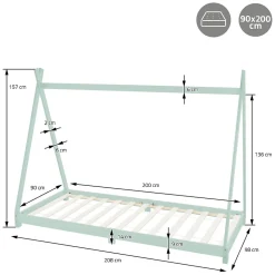 Lit d'enfant Tipi 90x200 cm menthe en bois de pin massif style indien avec matelas H:10 cm><noscript><img width=