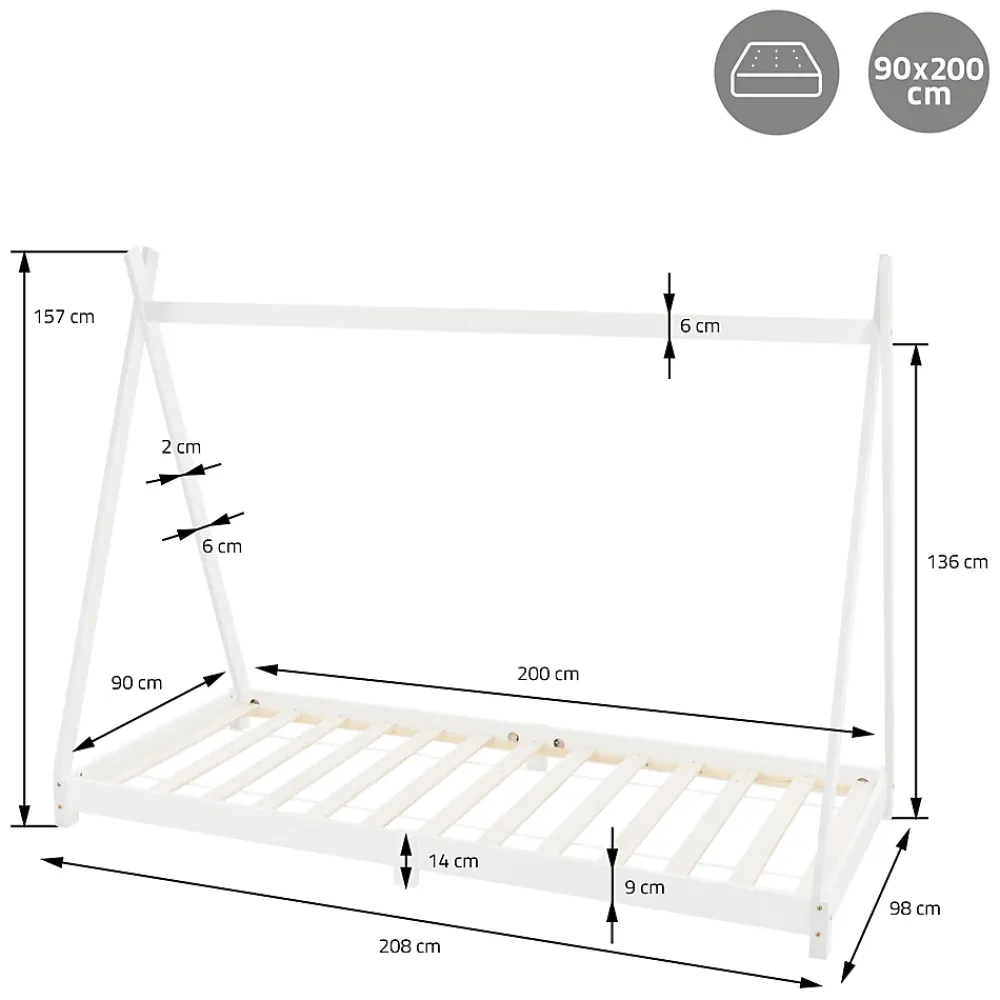 Ml-Design Lit d'enfant Tipi 90x200 cm blanc simple en bois de pin avec sommier à lattes style indien*Enfant Lit Enfant