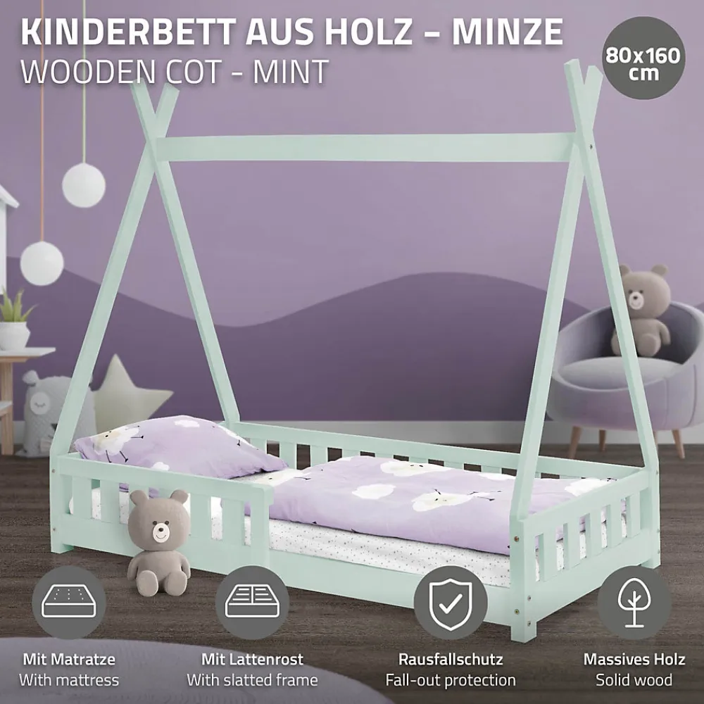 Lit d'enfant Tipi 80x160cm menthe en bois de pin massif style indien avec sommier matelas>Ml-Design Hot