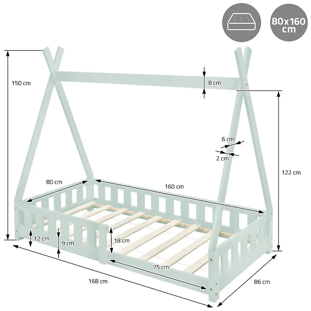 Lit d'enfant Tipi 80x160cm menthe en bois de pin massif style indien avec sommier matelas>Ml-Design Hot