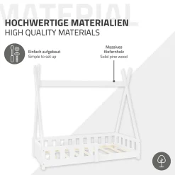 Ml-Design Lit d'enfant Tipi 70x140 cm blanc en bois de pin massif avec sommier matelas style indien*Enfant Lit Enfant