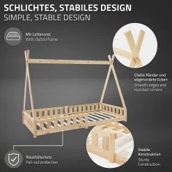 Lit d'enfant Tipi 90x200 cm naturel cadre en bois de pin style indien avec matelas H:10 cm><noscript><img width=