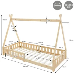 Lit d'enfant Tipi 90x200 cm naturel cadre en bois de pin style indien avec matelas H:10 cm><noscript><img width=