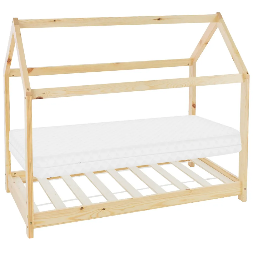 Lit d'enfant 80x160 cm naturel en bois de pin massif style maison avec sommier et matelas>Ml-Design Online