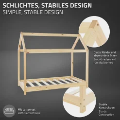 Lit d'enfant 80x160 cm naturel en bois de pin massif style maison avec sommier et matelas><noscript><img width=