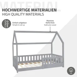 Ml-Design Lit d'enfant 80x160 cm gris clair bois de pin massif style maison avec sommier et matelas*Enfant Lit Enfant