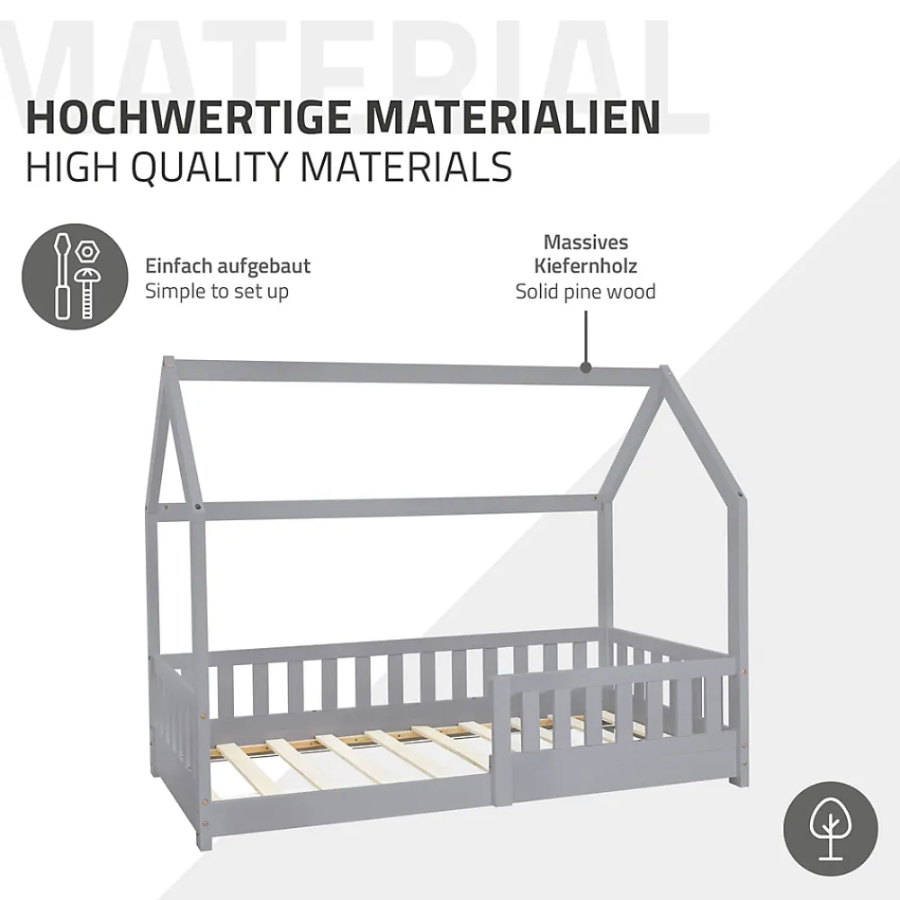 Ml-Design Lit d'enfant 80x160 cm gris clair bois de pin massif style maison avec sommier et matelas*Enfant Lit Enfant