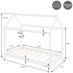 Ml-Design Lit d'enfant 70x140 cm blanc en bois de pin massif style maison avec sommier et matelas*Enfant Lit Enfant