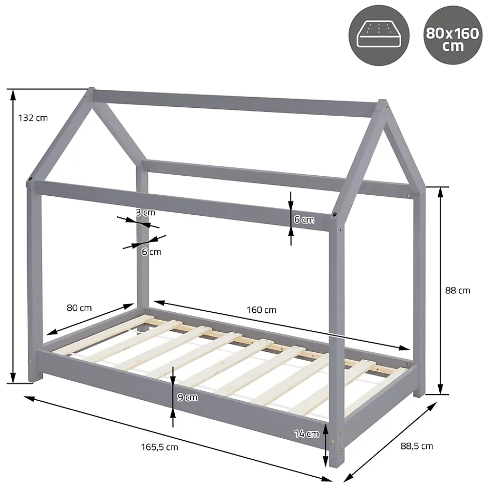 Ml-Design Lit d'enfant 90x200 cm gris clair bois de pin massif style maison avec sommier et matelas*Enfant Lit Enfant