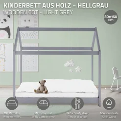 Ml-Design Lit d'enfant 90x200 cm gris clair bois de pin massif style maison avec sommier et matelas*Enfant Lit Enfant