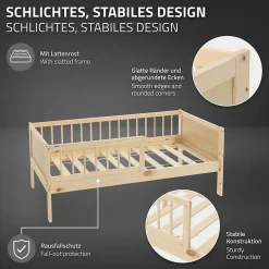 Lit d'enfant 70x140 cm simple naturel en bois de pin avec sommier à lattes sans matelas>Ml-Design New