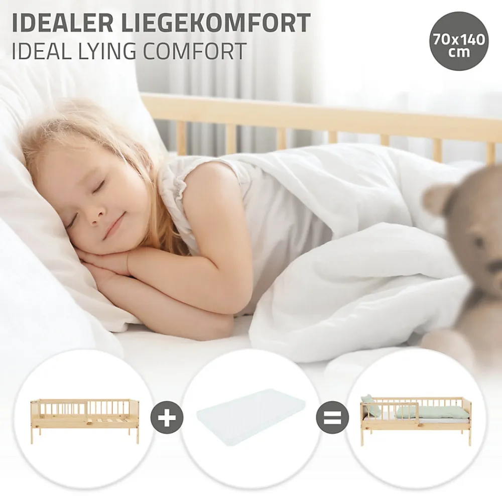 Lit d'enfant 70x140 cm simple naturel en bois de pin avec sommier à lattes sans matelas>Ml-Design New