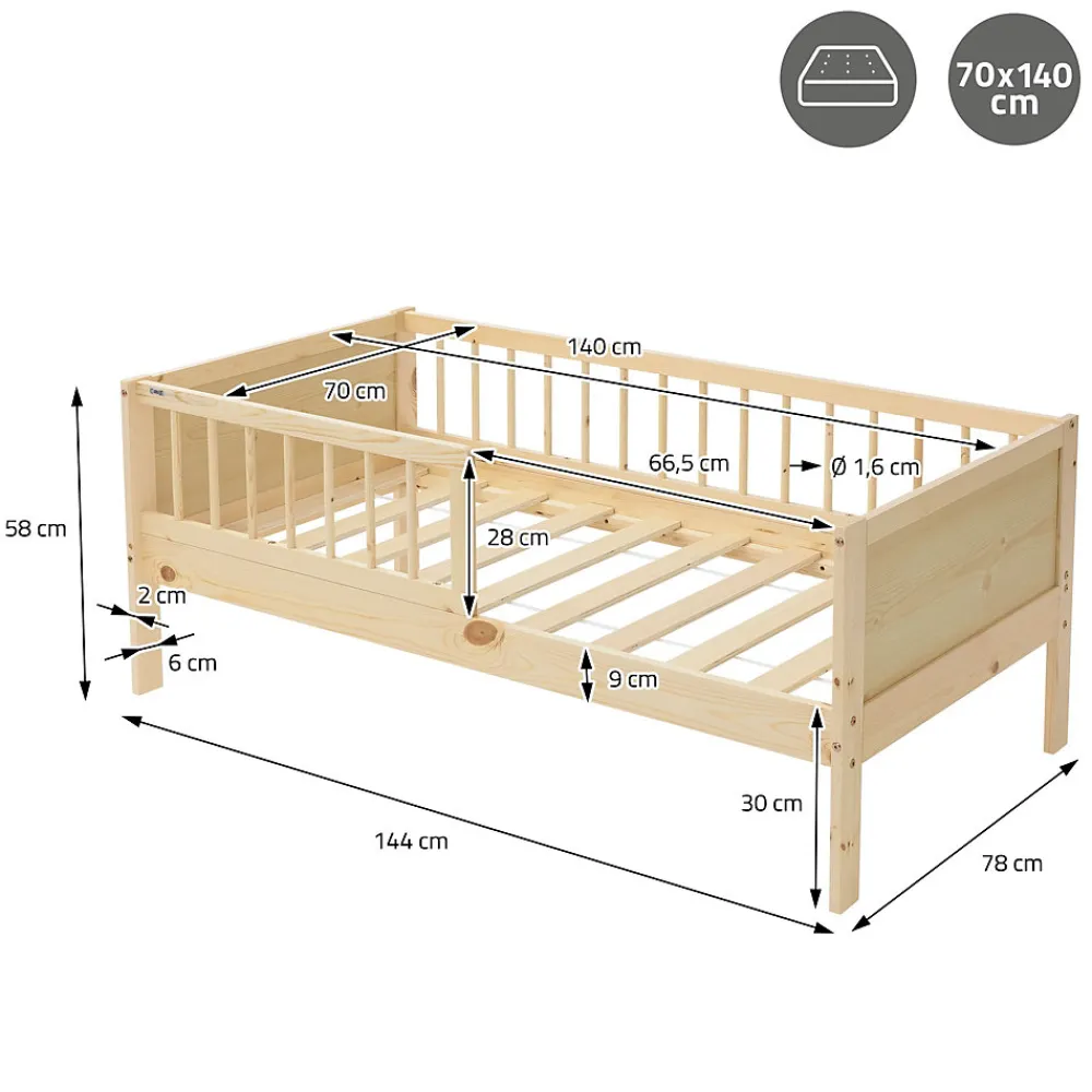 Lit d'enfant 70x140 cm simple naturel en bois de pin avec sommier à lattes sans matelas>Ml-Design New