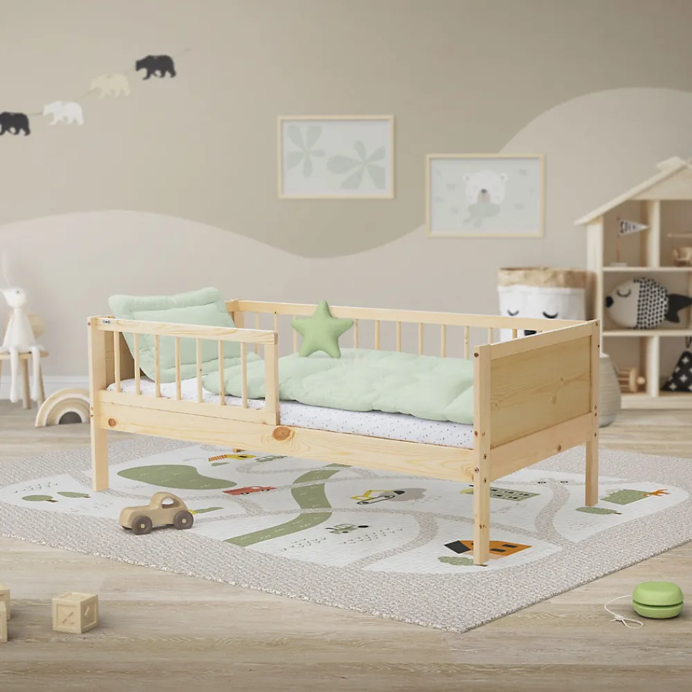 Lit d'enfant 70x140 cm simple naturel en bois de pin avec sommier à lattes sans matelas>Ml-Design New