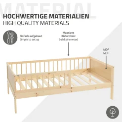 Lit d'enfant 80x160 cm simple naturel en bois de pin avec sommier à lattes sans matelas><noscript><img width=