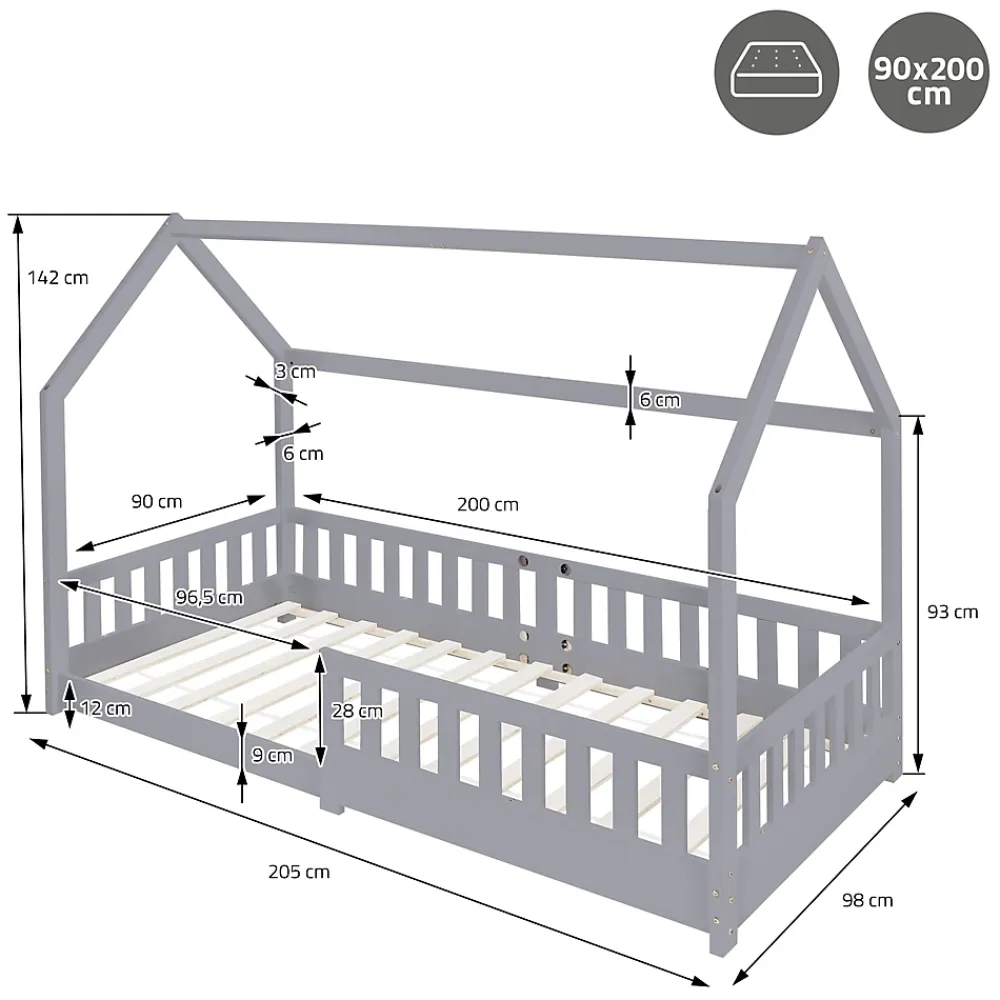 Ml-Design Lit d'enfant 90x200 cm gris clair en bois de pin massif style maison avec matelas H:16 cm*Enfant Lit Enfant