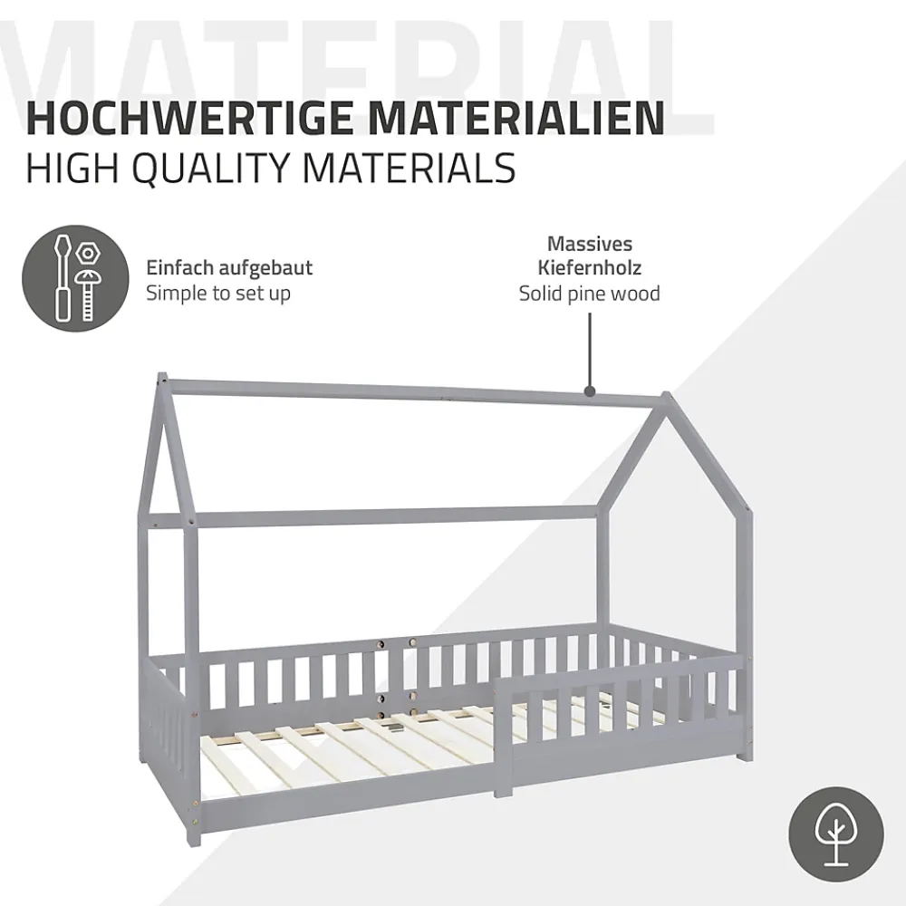 Ml-Design Lit d'enfant 90x200 cm gris clair en bois de pin massif style maison avec matelas H:16 cm*Enfant Lit Enfant