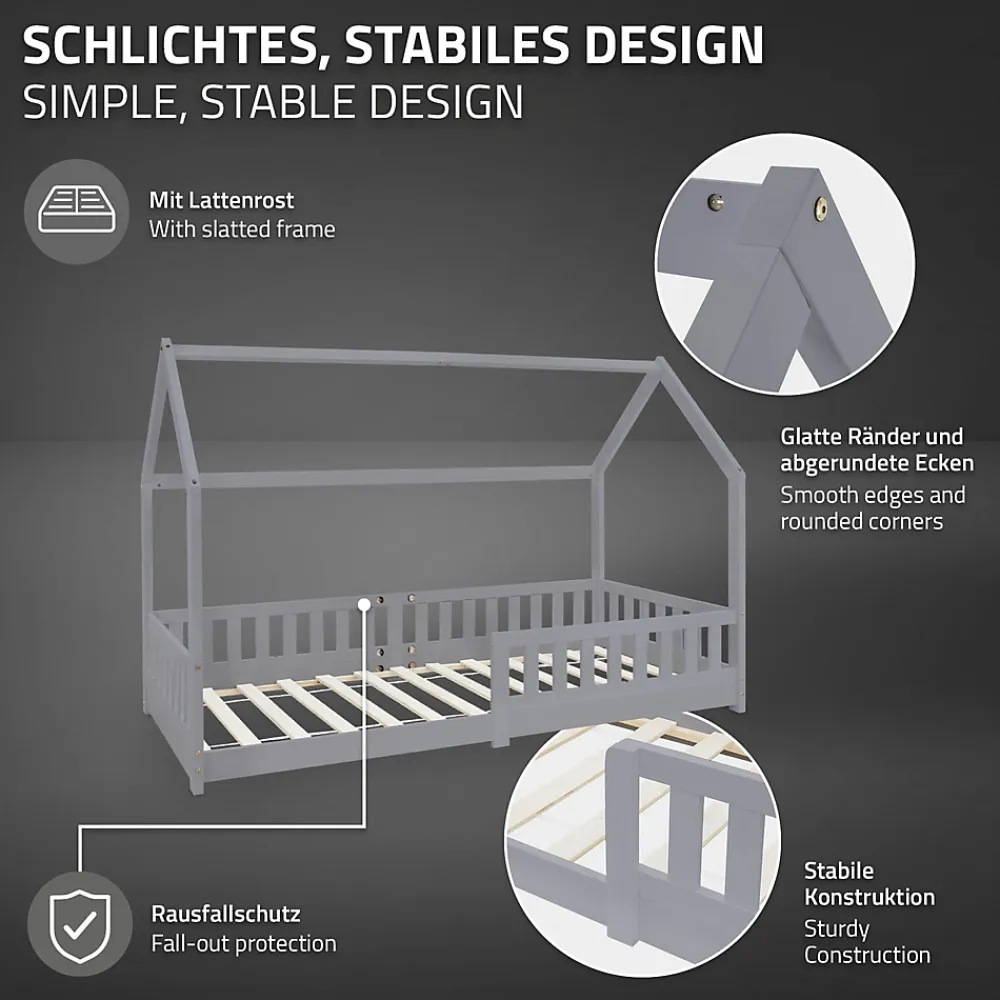 Ml-Design Lit d'enfant 90x200 cm gris clair en bois de pin massif style maison avec matelas H:16 cm*Enfant Lit Enfant