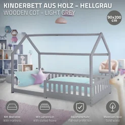 Ml-Design Lit d'enfant 90x200 cm gris clair en bois de pin massif style maison avec matelas H:16 cm*Enfant Lit Enfant
