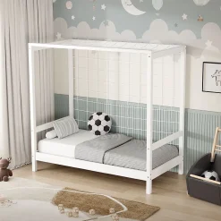 Ml-Design Lit d'enfant 70x140 cm blanc en bois de pin avec but de football et sommier à lattes* Lit Simple