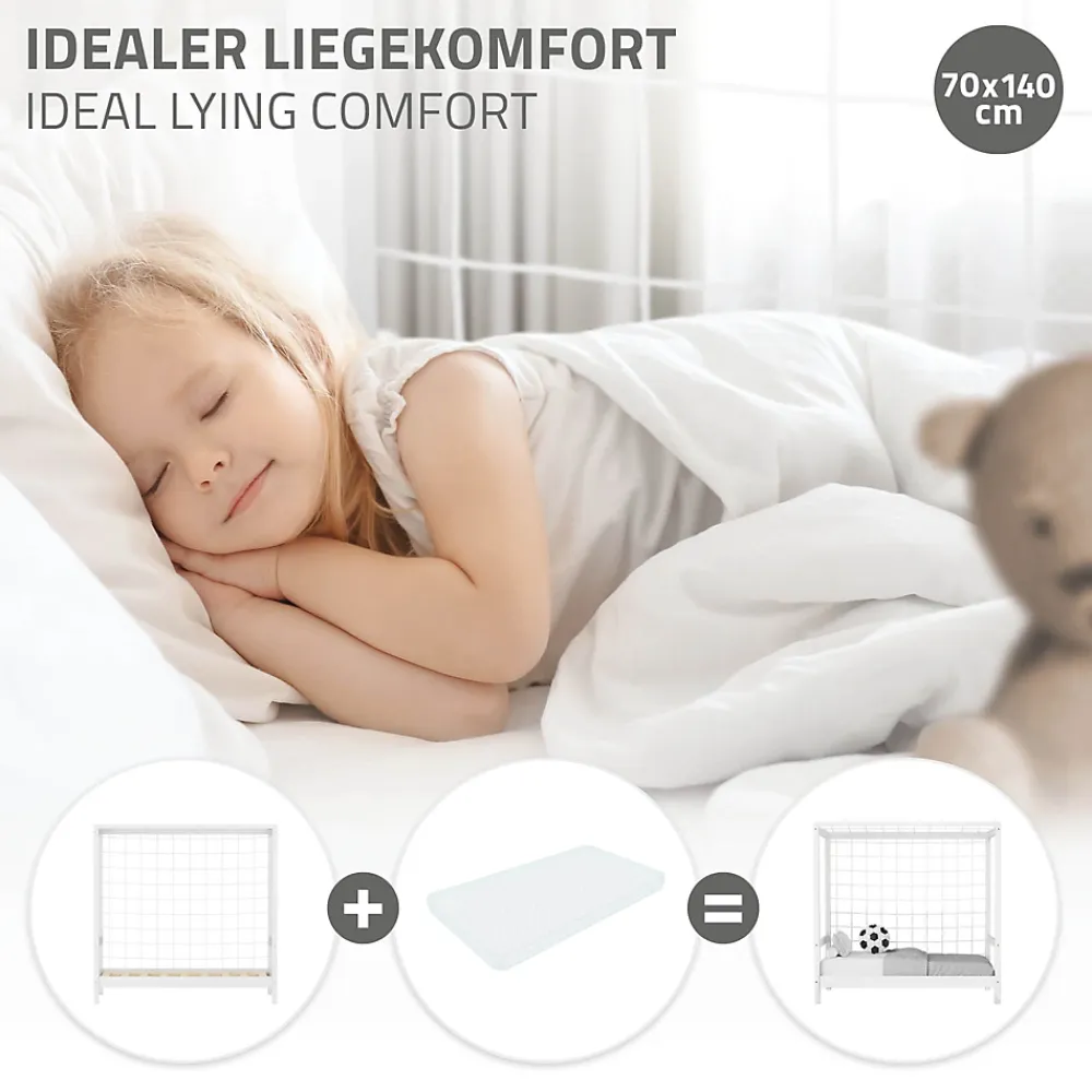 Ml-Design Lit d'enfant 70x140 cm blanc en bois de pin avec but de football et sommier à lattes* Lit Simple