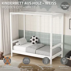 Ml-Design Lit d'enfant 70x140 cm blanc en bois de pin avec but de football et sommier à lattes* Lit Simple