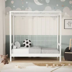 Ml-Design Lit d'enfant 70x140 cm blanc en bois de pin avec but de football et sommier à lattes* Lit Simple