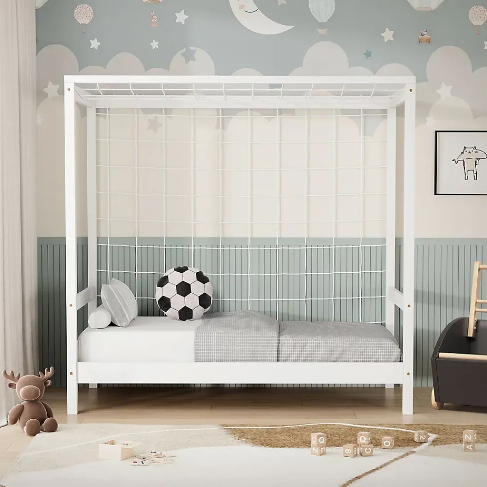 Ml-Design Lit d'enfant 70x140 cm blanc en bois de pin avec but de football et sommier à lattes* Lit Simple
