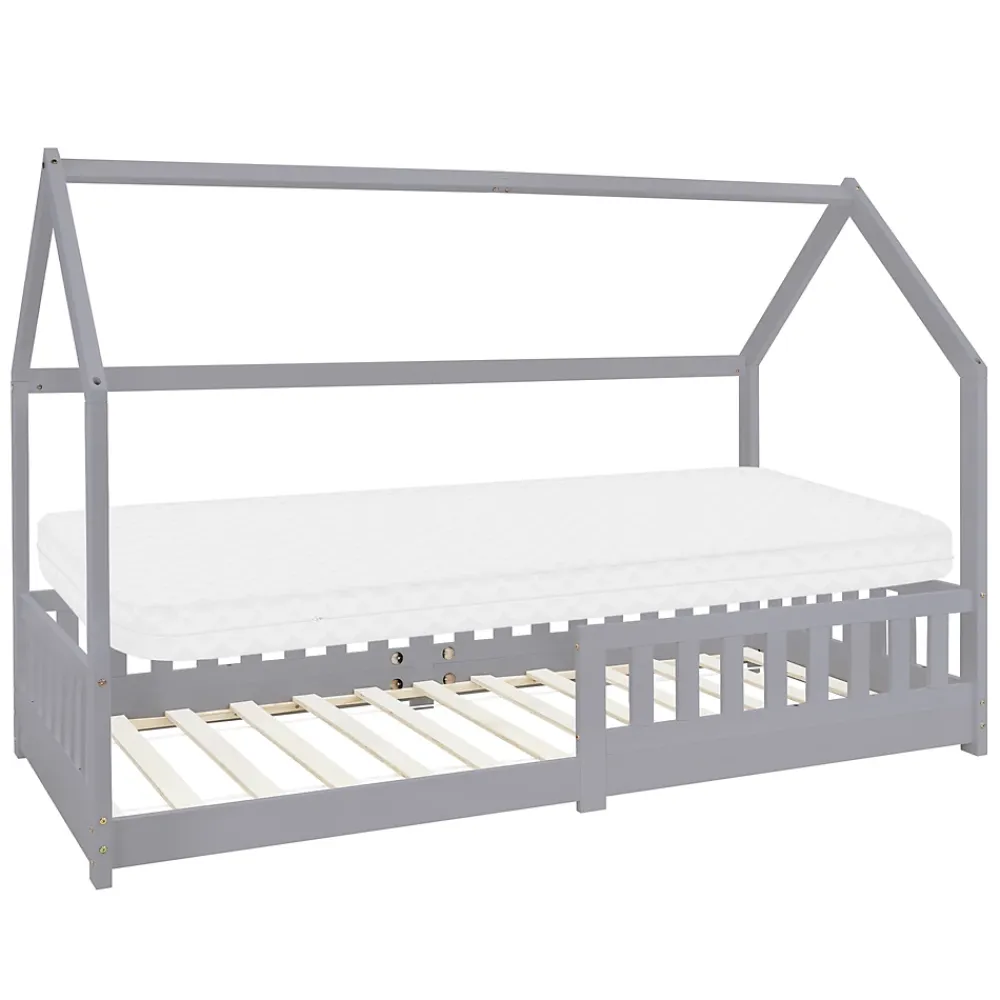 Ml-Design Lit d'enfant 90x200 cm gris clair en bois de pin massif style maison avec matelas H:10 cm*Enfant Lit Enfant